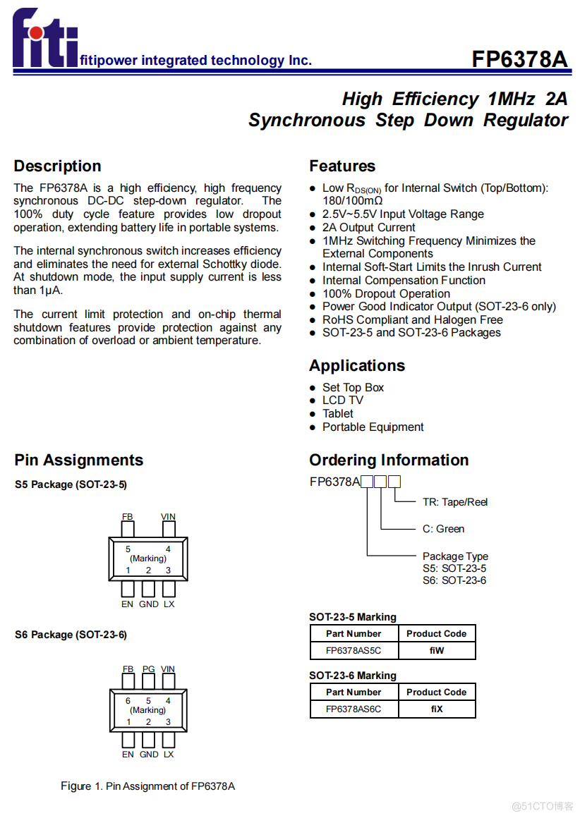 FP6378AS5CTR SOT-23-5 High Efficiency 1MHz2A Synchronous BuckRegulator_Sync Buck Regulator