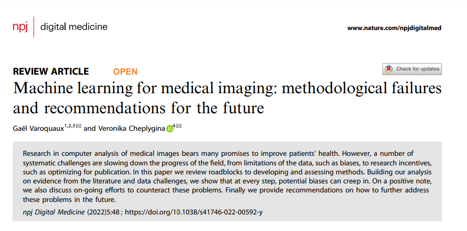 [npj | digital medicine] machine learning of medical images: failure of methodology and suggestions for the future